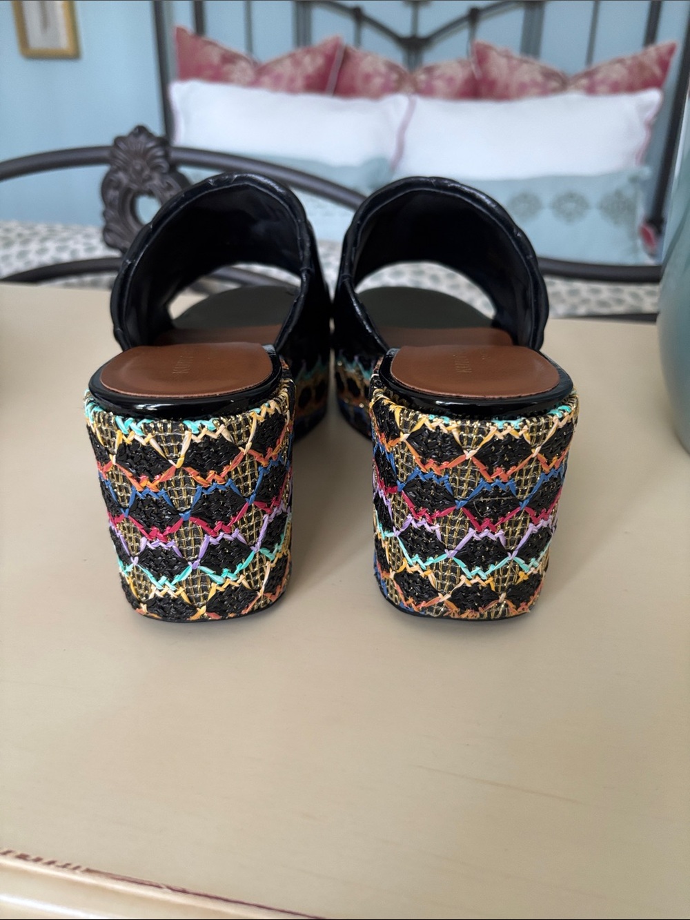 Kurt Geiger Black Quilted Platform Slide Mules with Multicolor Woven Sole - Picture 5 of 8